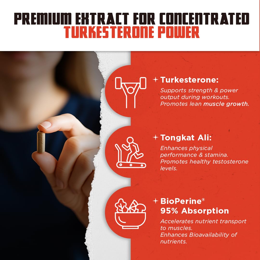 Suplemento Natural de testosterona para hombres – Turkesterona 1500 mg de potencia máxima con Tongkat Ali y BioPerine® + Músculo, recuperación y resistencia 🍆 – 120 cápsulas